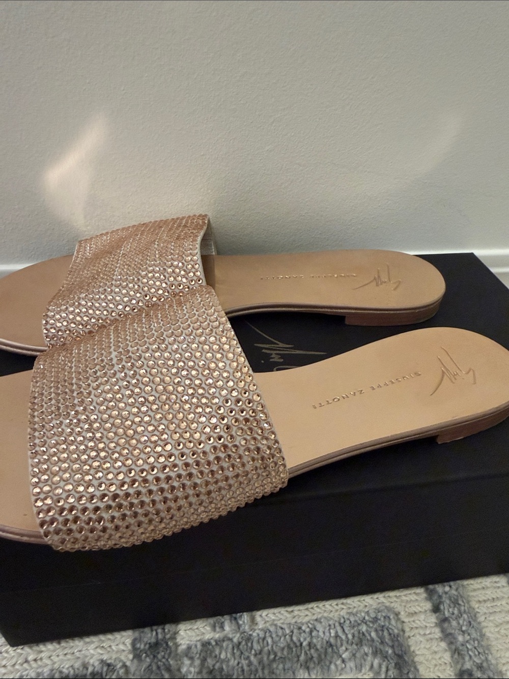 Giuseppe Zanotti Roll Crystal Suede Slide Sandal Nude Size 38